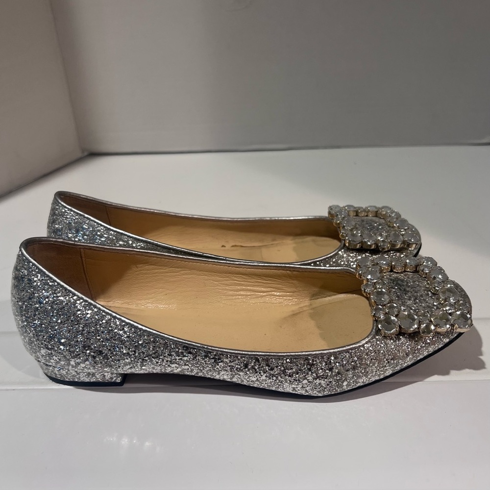 Kate Spade Norella Coated Glitter Crystal Buckle Ballet Flats Silver Size 6